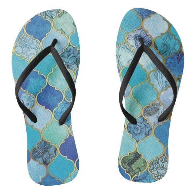Cobalt Blue, Aqua & Gold Marokkanisch Flip Flops (Fußbett)