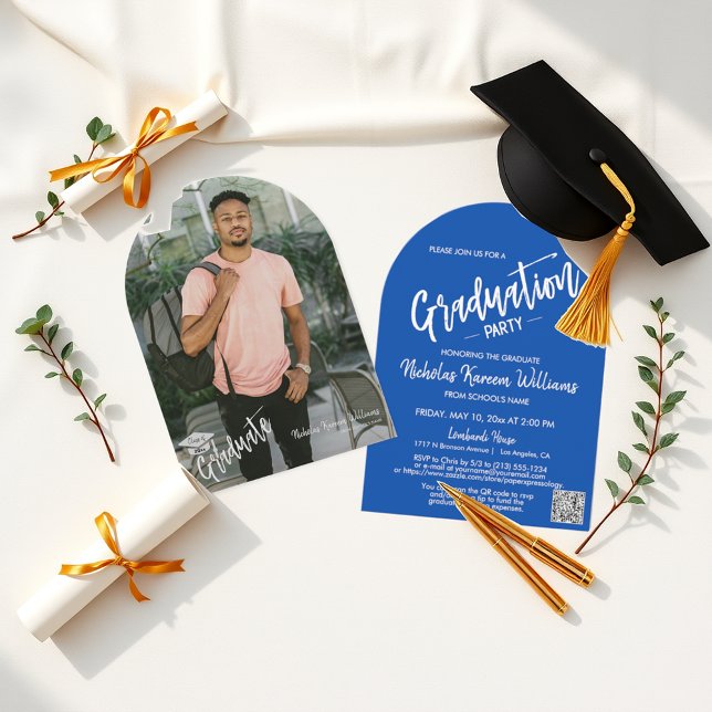 Cobalt Blue Arch Foto Graduation Party QR Code Einladung (Von Creator hochgeladen)