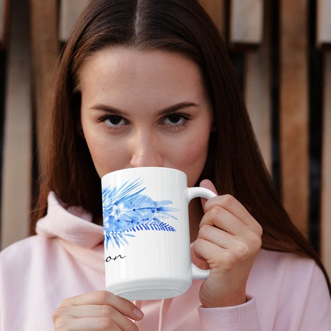 Cobalt Blue, Custom Tropical Blume Blätter 15oz Kaffeetasse (Von Creator hochgeladen)