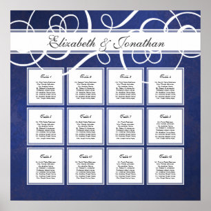 Cobalt Blue Damask Dinner Party Sitzplan Poster