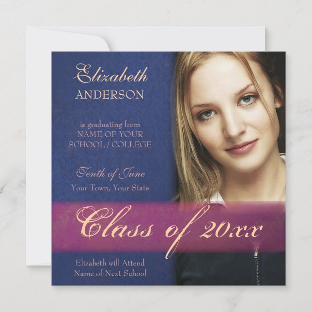 Cobalt Blue Damask Grunge Abschluss Ankündigung (Vorderseite)