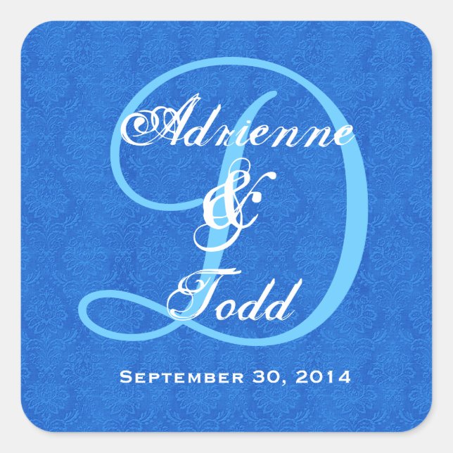Cobalt Blue Damask Wedding Monogram D323 Quadratischer Aufkleber (Vorderseite)