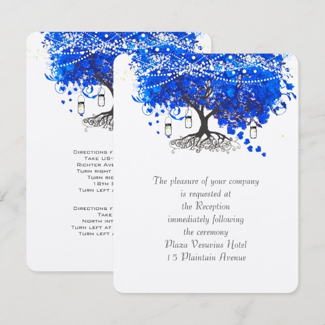 Cobalt Blue Heart Leaf Tree Wedding Einladung (Vorne/Hinten)
