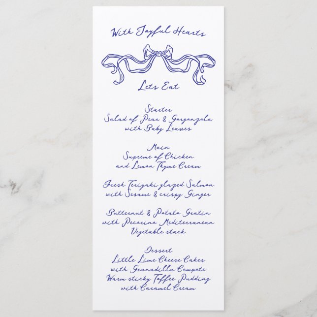 Cobalt Blue La Dolce Vita Ribbon Ecru Wedding Menükarte (Vorderseite)