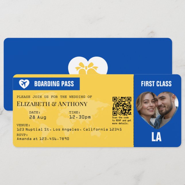 Cobalt Blue & Lemon Yellow Boarding Pass Wedding Einladung (Vorne/Hinten)