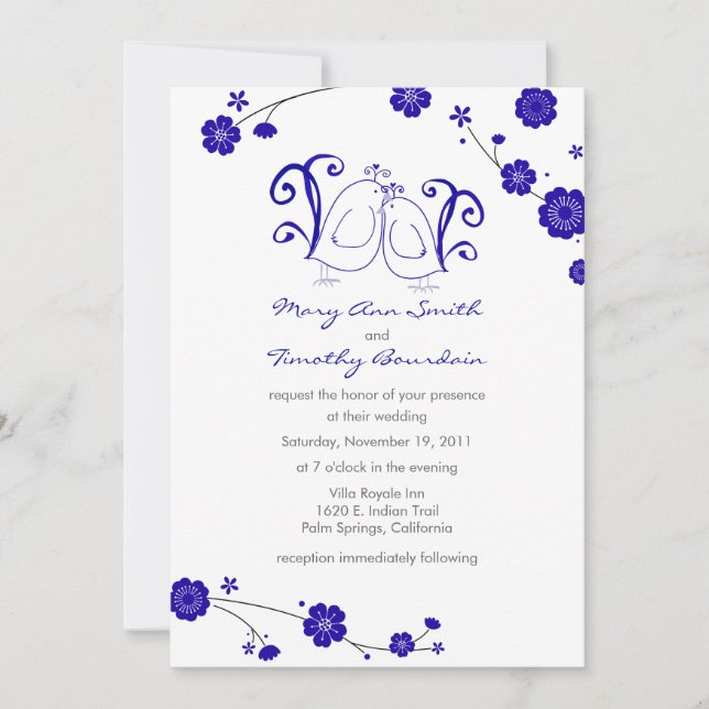Cobalt Blue, Lovebirds Hochzeitseinladung Einladung (Vorderseite)