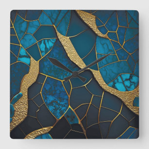Cobalt Blue Marble Mosaik Gold Inlay Venen Quadratische Wanduhr