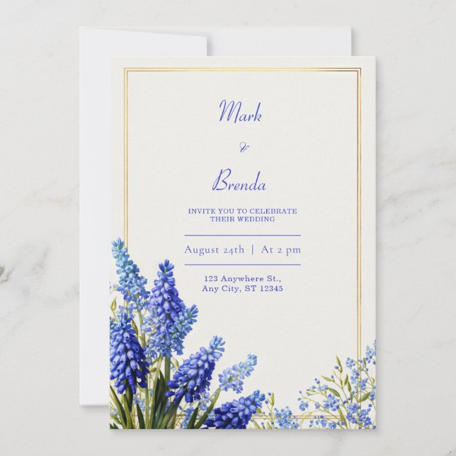 Cobalt Blue Muscari Botanical Gold Frame Wedding Einladung (Vorderseite)