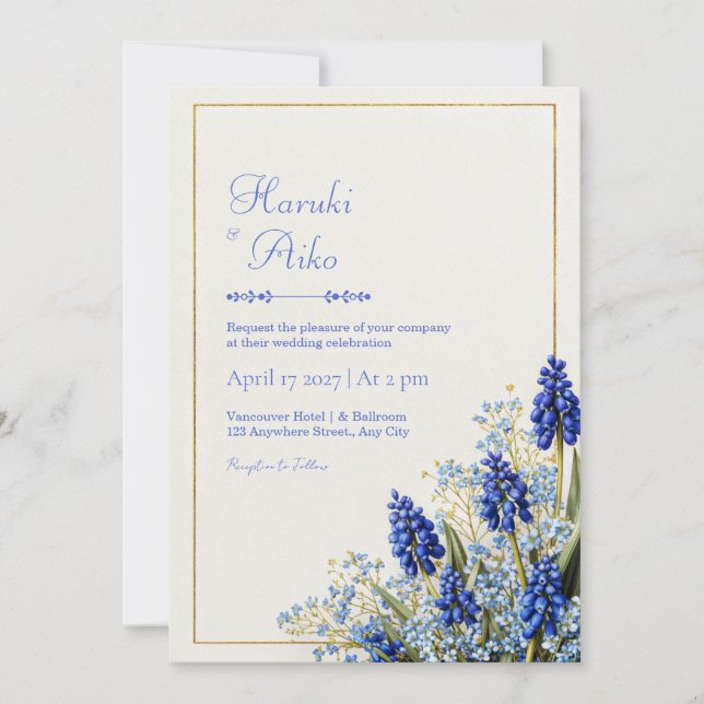 Cobalt Blue Muscari Botanical Gold Frame Wedding Einladung (Vorderseite)