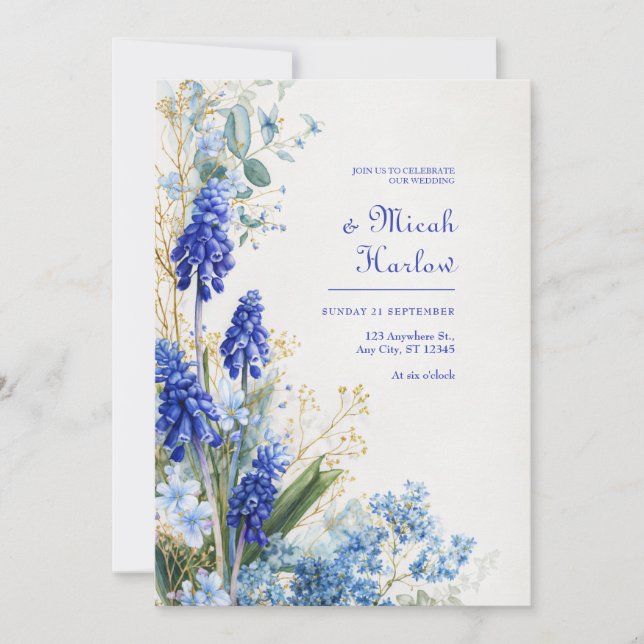 Cobalt Blue Muscari Watercolor Botanical Border Einladung (Vorderseite)
