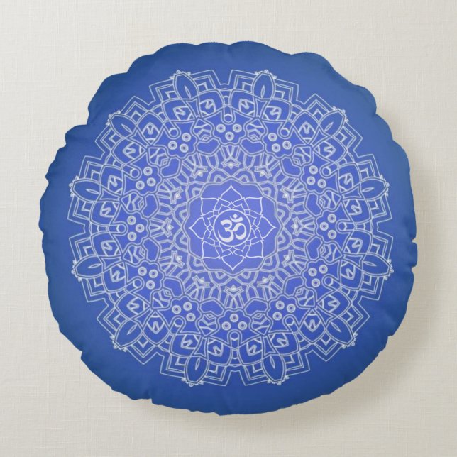 Cobalt Blue Om Mandala Meditation Runde Pillow Rundes Kissen (Vorderseite)