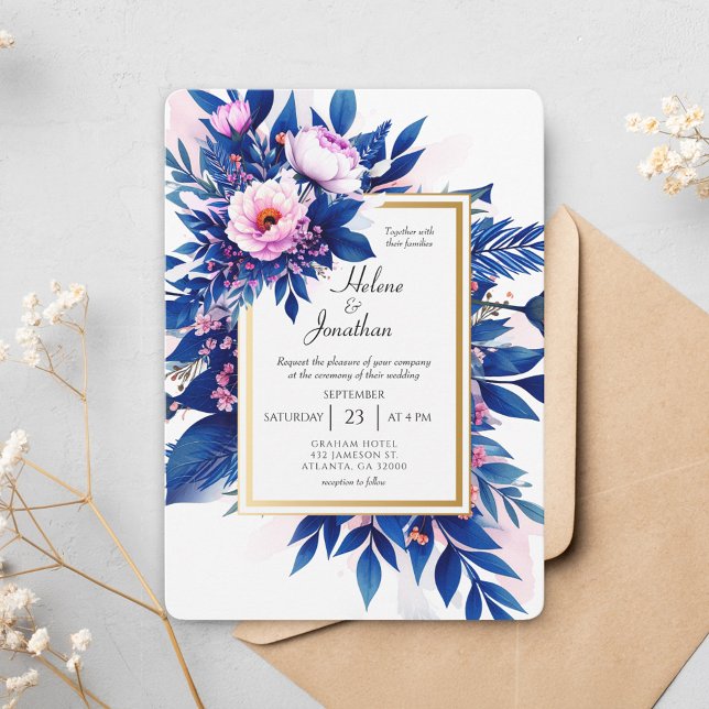 Cobalt Blue Pink Floral Moderne Elegante Hochzeit Einladung (Cobalt Blue Pink Floral Modern Elegant Wedding Invitation)