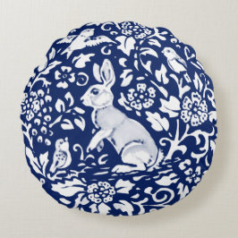 Cobalt Blue Rabbit Bird Floral Chinoiserie Dedham Rundes Kissen