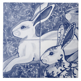 Cobalt Blue Rabbit Chinoiserie Dedham Delft Navy Fliese