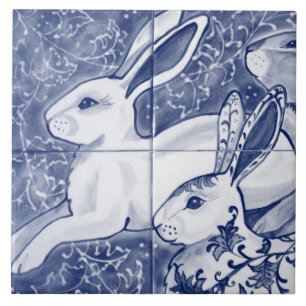 Cobalt Blue Rabbit Chinoiserie Dedham Delft Navy Fliese