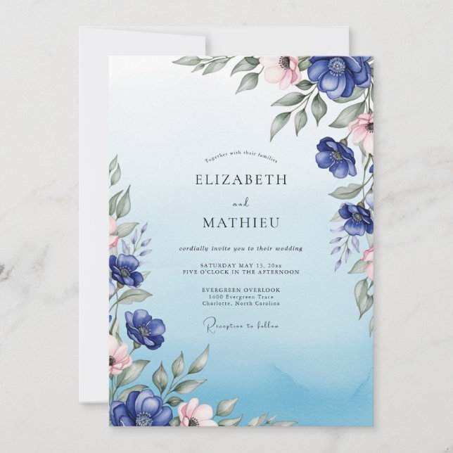 Cobalt Blue Radiant Botanical Wedding Einladung (Vorderseite)