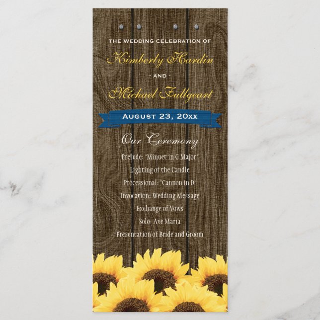 Cobalt Blue Rustic Sunflower Wedding Programm (Vorderseite)