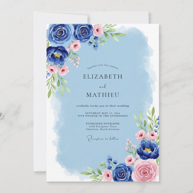 Cobalt Blue Serene Spring Wedding Einladung (Vorderseite)