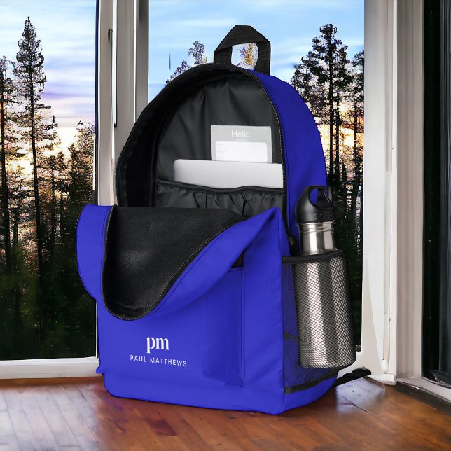Cobalt Blue Simple Minimal Monogramm und Name Bedruckter Rucksack (Personalize with your initials and name.)