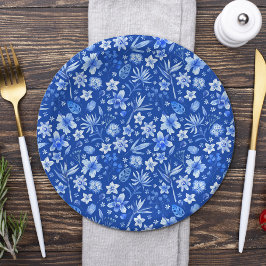 Cobalt Blue Tropical Blume und Blätter Muster 7" Pappteller