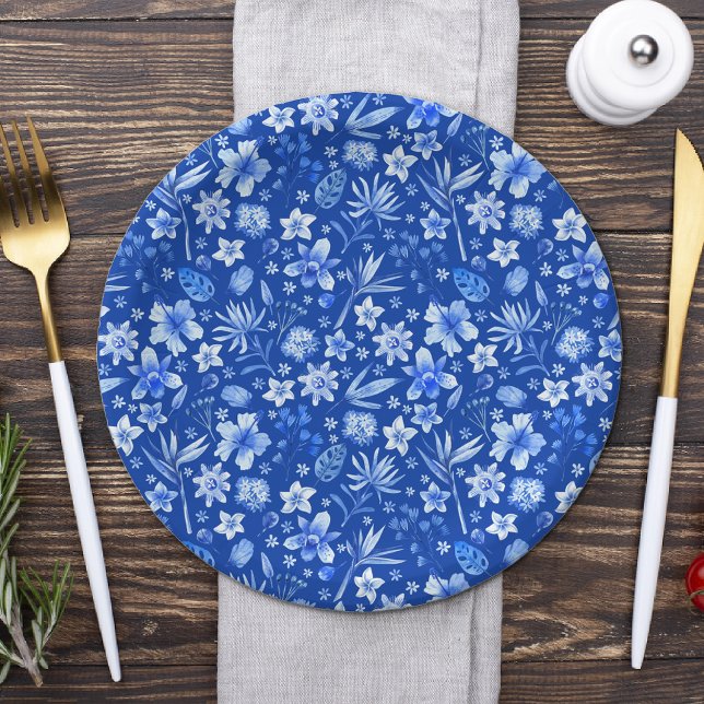 Cobalt Blue Tropical Blume und Blätter Muster 7" Pappteller (Von Creator hochgeladen)