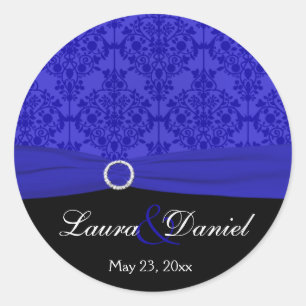 Cobalt Blue und Black Damask 1,5" Rundaufkleber Runder Aufkleber