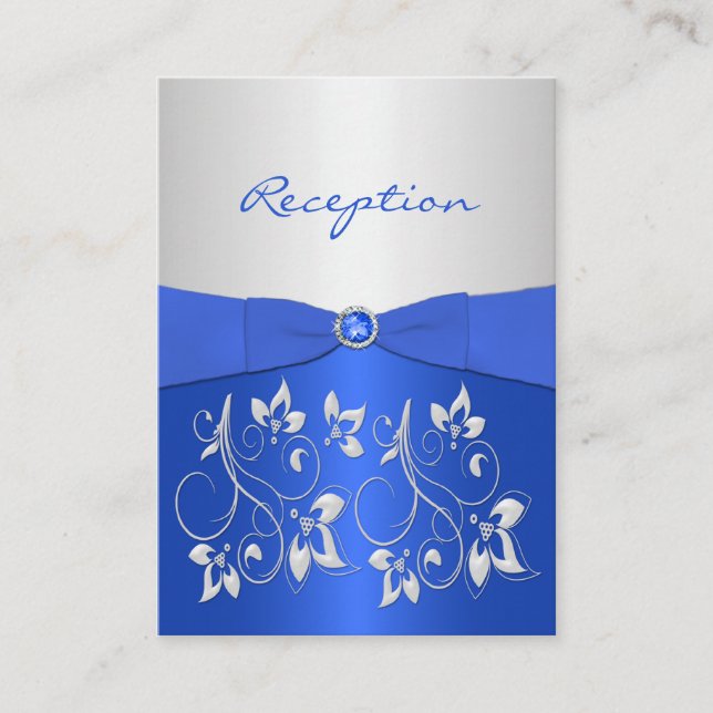 Cobalt Blue und Silver Floral Empfang Card Begleitkarte (Vorderseite)