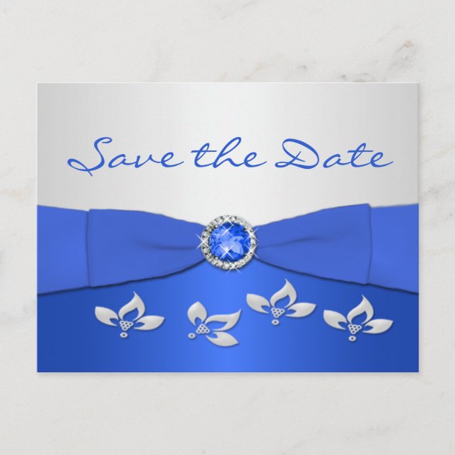Cobalt Blue und Silver Floral Save the Date Card Ankündigungspostkarte (Vorderseite)