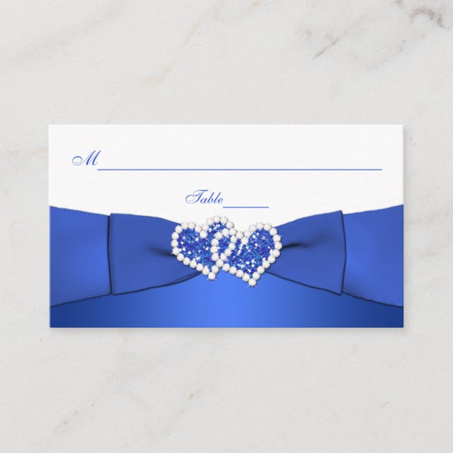 Cobalt Blue und White Joined Hearded Placecards Platzkarte (Vorderseite)