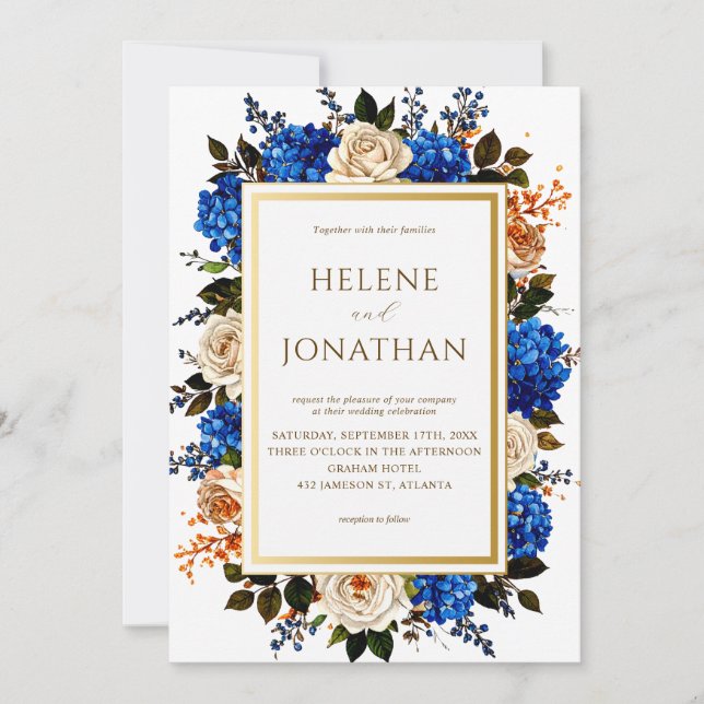 Cobalt Blue Watercolor Floral Elegante Hochzeit Einladung (Vorderseite)