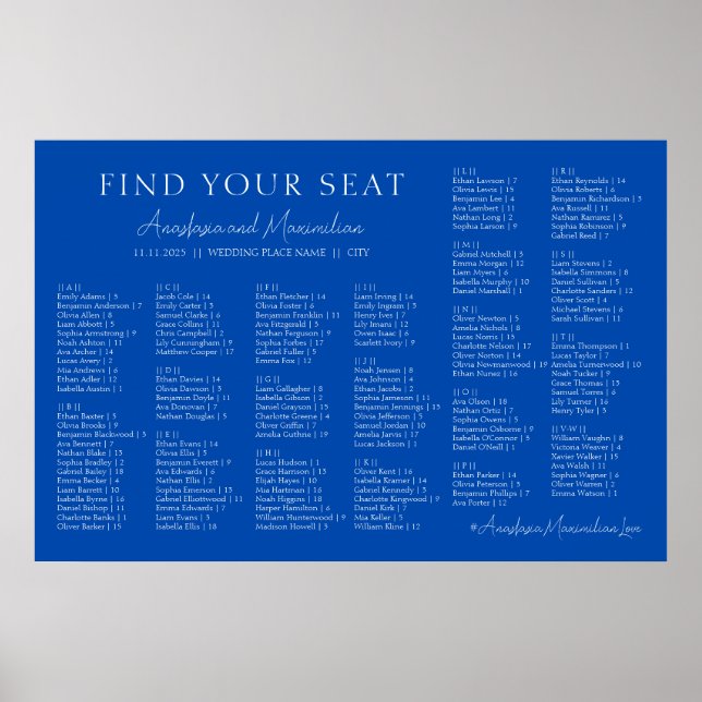 Cobalt Blue Wedding Alphabetical Seating Chart Poster (Vorne)