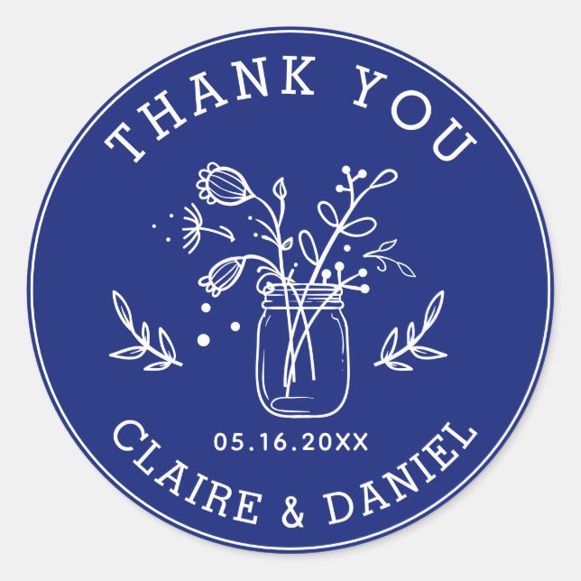Cobalt Blue Wedding Thank You Mason Jar Flowers  Runder Aufkleber (Vorderseite)