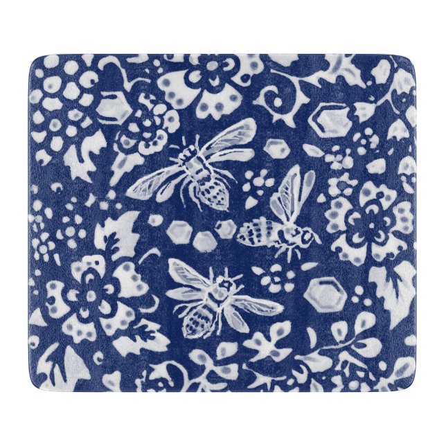 Cobalt Blue White Bee Woodland Tapestyle Schneidebrett (Vorderseite)