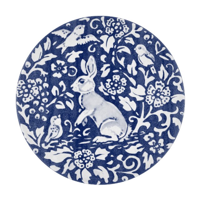 Cobalt Blue White Rabbit Bunny Bird wunderschön Schneidebrett (Vorderseite)
