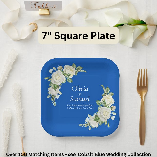 Cobalt Blue & White Roses 7" Square Pappteller (Von Creator hochgeladen)