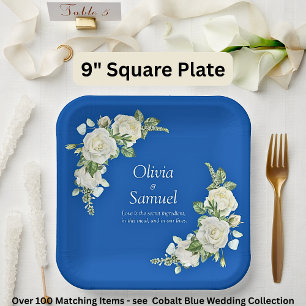 Cobalt Blue & White Roses 9" Square Pappteller