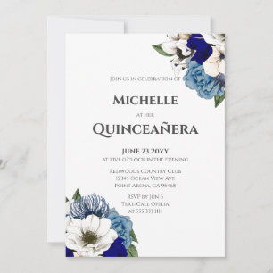 Cobalt Dusty Blue Watercolor Floral Quinceañera Einladung