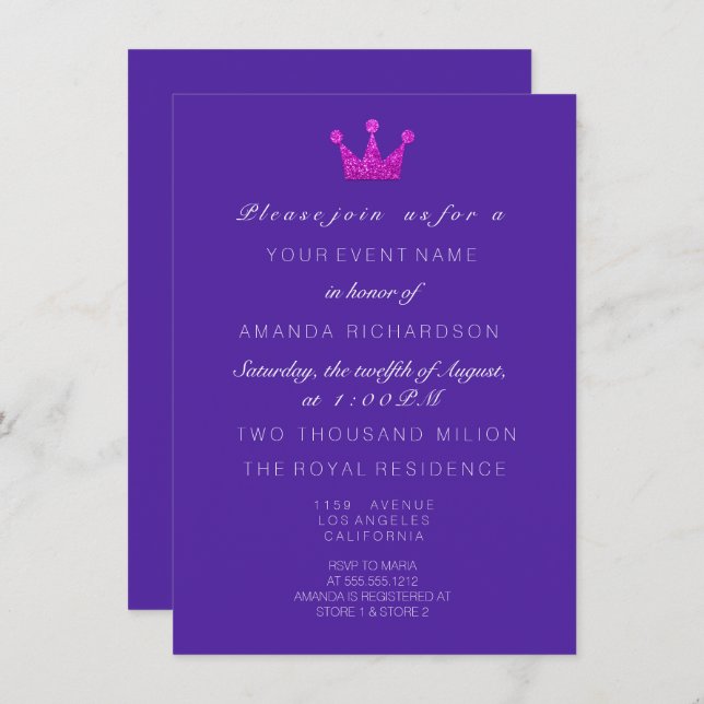 Cobalt Lila PinkCrown Royal Glitzer 16. Bridal Einladung (Vorne/Hinten)