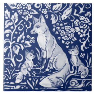 Cobalt Navy Blue Cobalt Fox Family Floral Animal  Fliese
