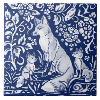 Cobalt Navy Blue Cobalt Fox Family Floral Animal  Fliese