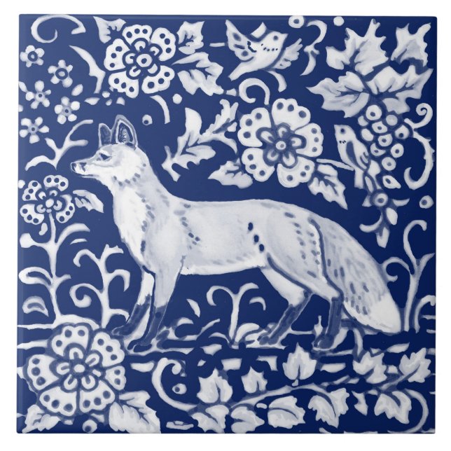 Cobalt Navy Blue Cobalt Fox Woodland Floral Morris Fliese (Vorderseite)