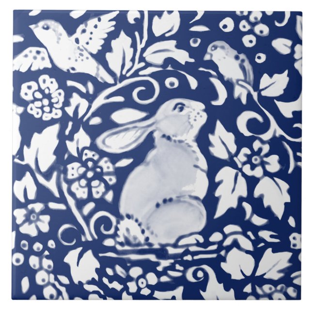 Cobalt Navy Blue Rabbit Bird Dedham Delft Morris C Fliese (Vorderseite)