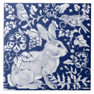 Cobalt Navy Blue Rabbit Bird Dedham Delft Morris  Fliese