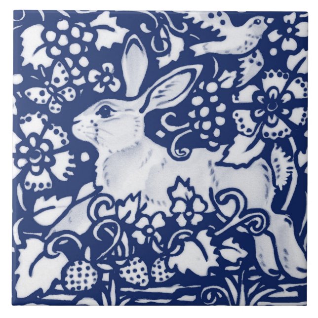 Cobalt Navy Blue Rabbit Bunny Dedham Delft Morris  Fliese (Vorderseite)