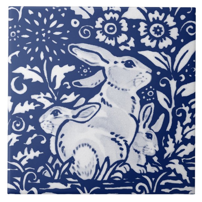 Cobalt Navy Blue Rabbit Bunny Dedham Delft Morris  Fliese (Vorderseite)