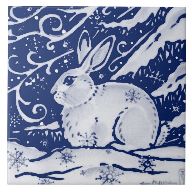 Cobalt Navy Blue Rabbit Winter Snow Scene Dedham Fliese (Vorderseite)
