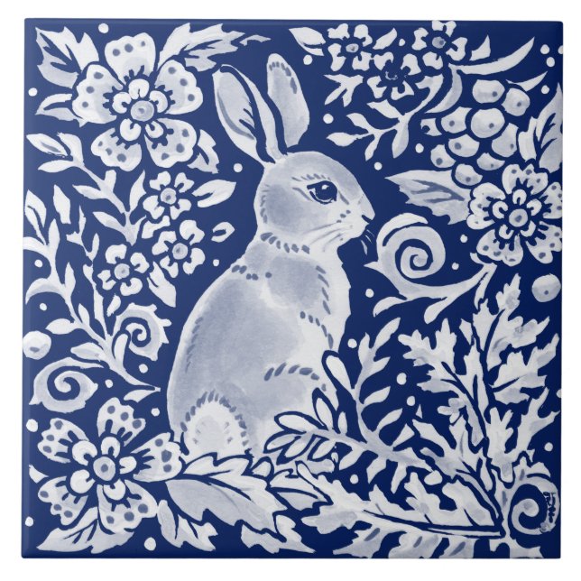 Cobalt Navy Blue Rabbit Woodland Delft Dedham Fliese (Vorderseite)
