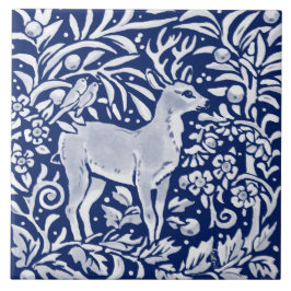 Cobalt Navy Blue Woodland Animal Deod Bird Floral Fliese
