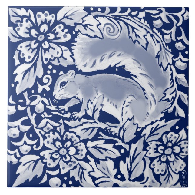 Cobalt Navy Blue Woodland Animal Eichhörnchen in T Fliese (Vorderseite)