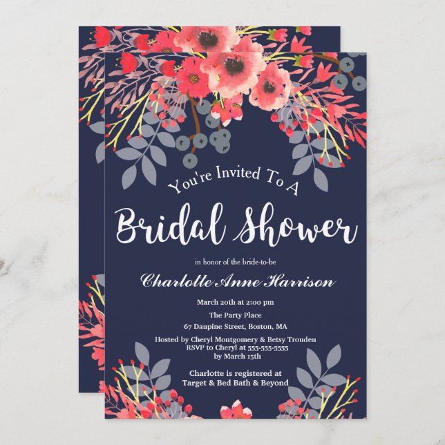 Cobalt & Pink Blume Brautparty Einladung (Vorne/Hinten)